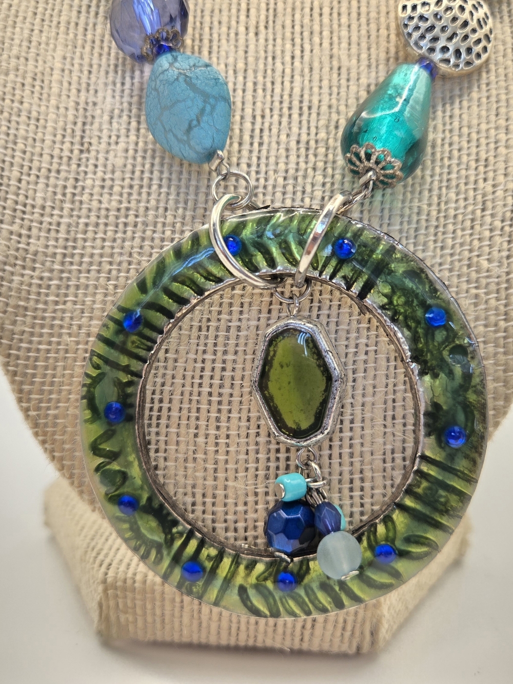 Aris Turquoise Blue Glass Bead Necklace Bold Green Circle Drop Pendant Chunky